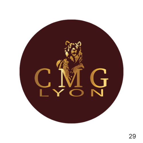 Logo CMG LYON Lion doré sur un fond bordeaux